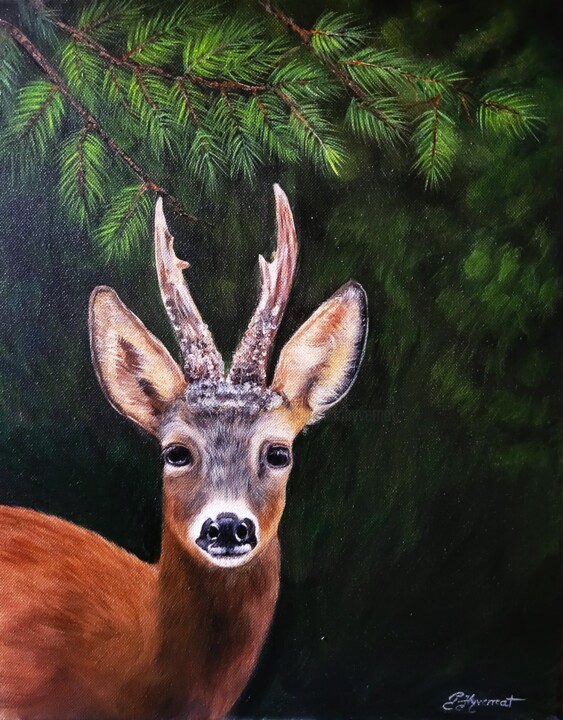 "le prince" brocard -chevreuil - peinture originale signée 绘画, 13x16.1 in