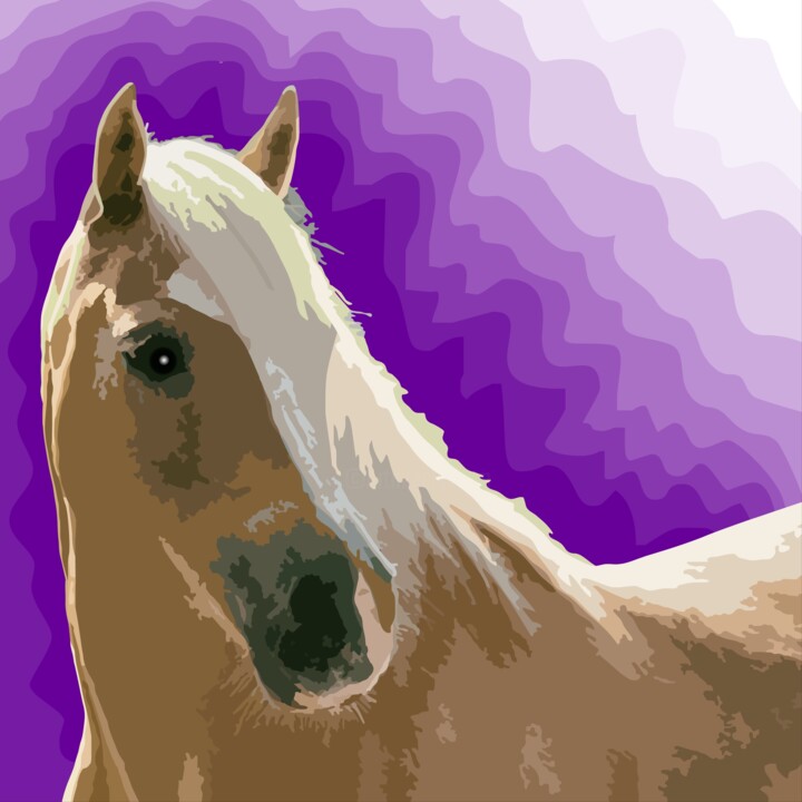 A majestic horse with a golden mane stands against a vibrant Dijital Sanat