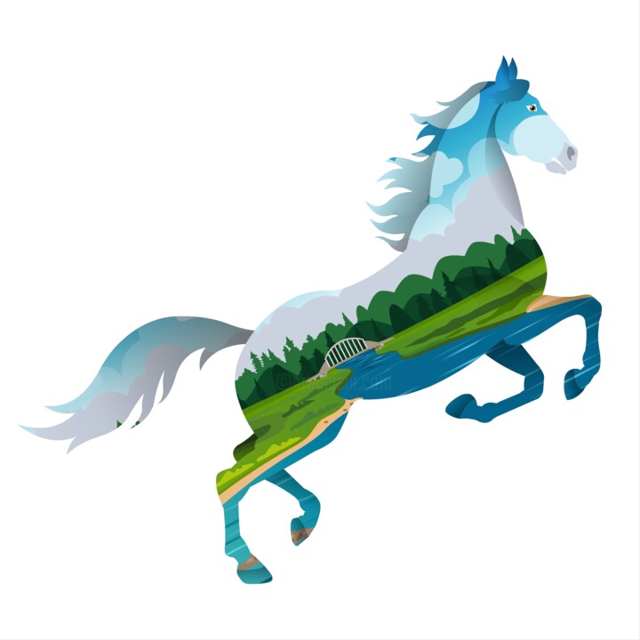 A majestic horse silhouette contains a landscape depicting a 数字艺术