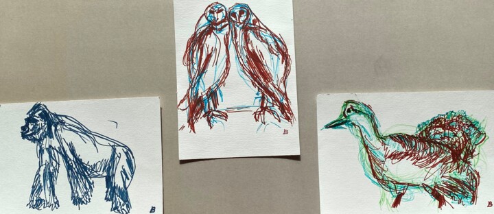Zeichnungen mit dem Titel "Diese Tiere" von Brigitte Böhme, Original-Kunstwerk, Marker