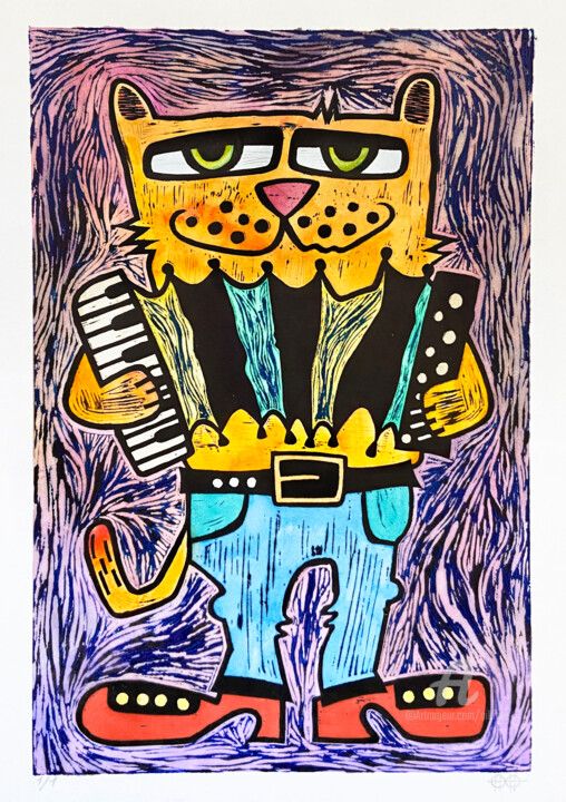 Сat with accordion, color #2 印花与版画, 15x11 in