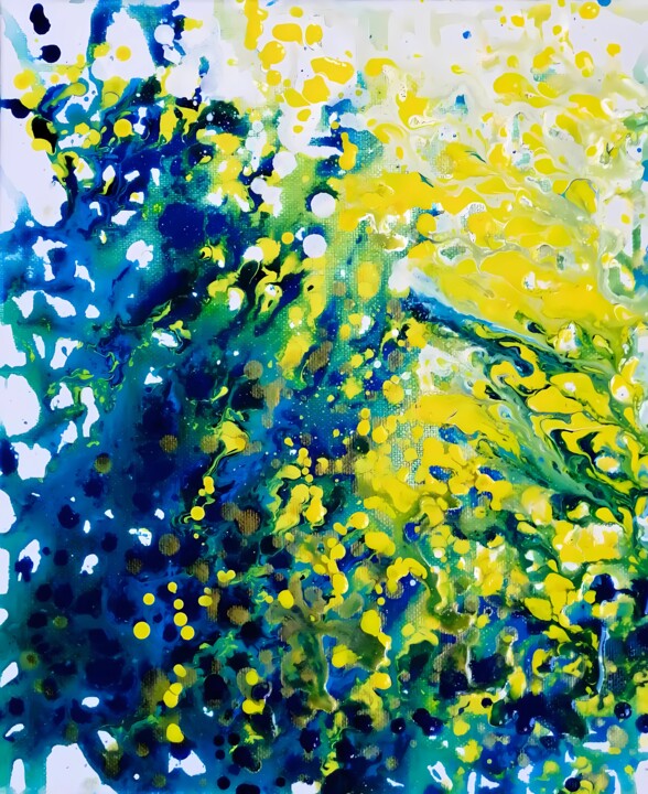 Abstract Blue and Yellow Painting Acrylic Splatter Wall Art 印花与版画, 11.8x9.8 in