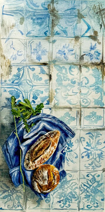 A Freshly Baked Morning Story: Two Loaves and Tiles 绘画, 19.7x9.5 in