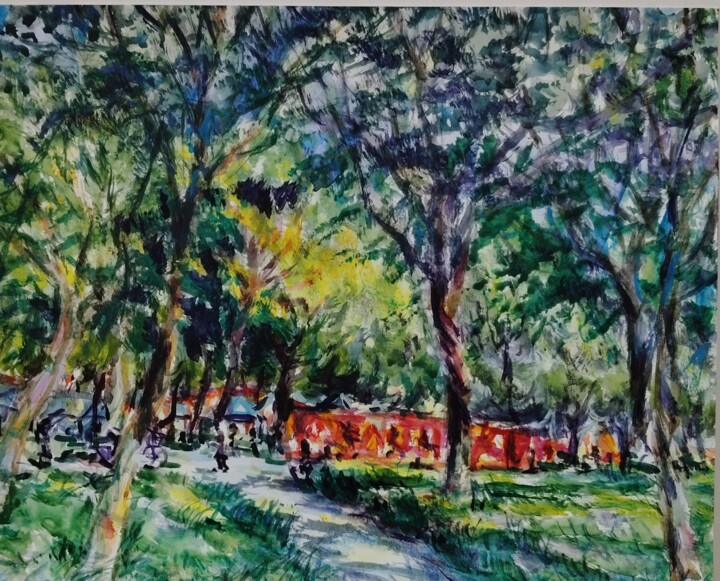 Red Wall in the Forest Pittura, 7,9x9,8 in