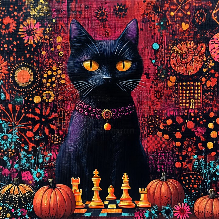 Halloween Black Cat with Chess Board Digital Painting 数字艺术