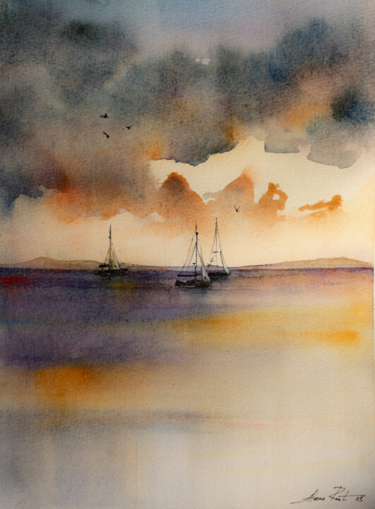 Painting titled "Sunset" by Alena Root, Original Artwork, Watercolor
