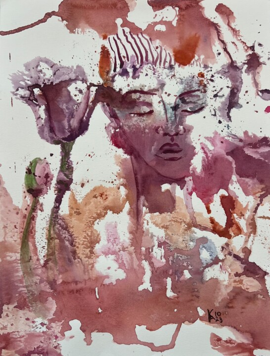 Woman with Tulip 绘画, 12x9 in