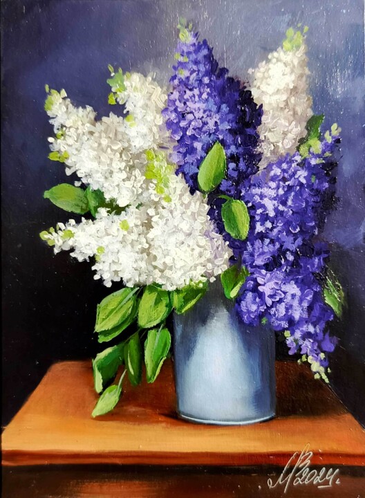 Peinture lilas encadrée. Nature morte florale. Painting, 7.1x5.1 in