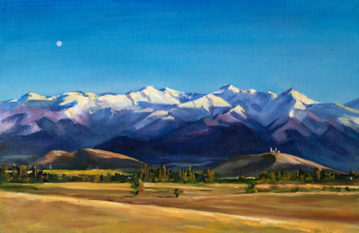Painting titled "Sunset in the Tien-…" by Alena Root, Original Artwork, Oil Mounted on Cardboard