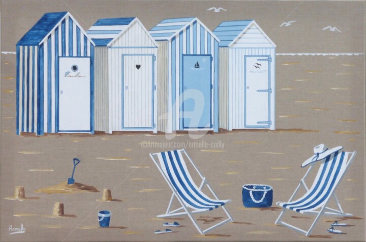 Painting titled "Cabines bleues 60x90" by Armelle Cailly, Original Artwork, Acrylic Mounted on Wood Stretcher frame