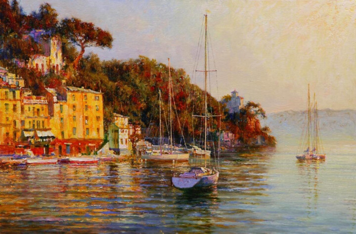 Painting titled "Yachts at anchor." by Lara Vald, Original Artwork, Oil Mounted on Wood Stretcher frame