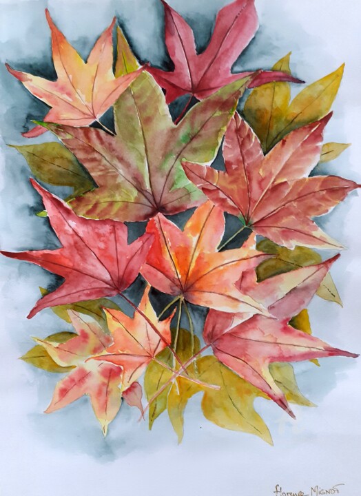 Peinture intitulée "Feuilles d'automne" par Florence Mignot, Œuvre d'art originale, Aquarelle