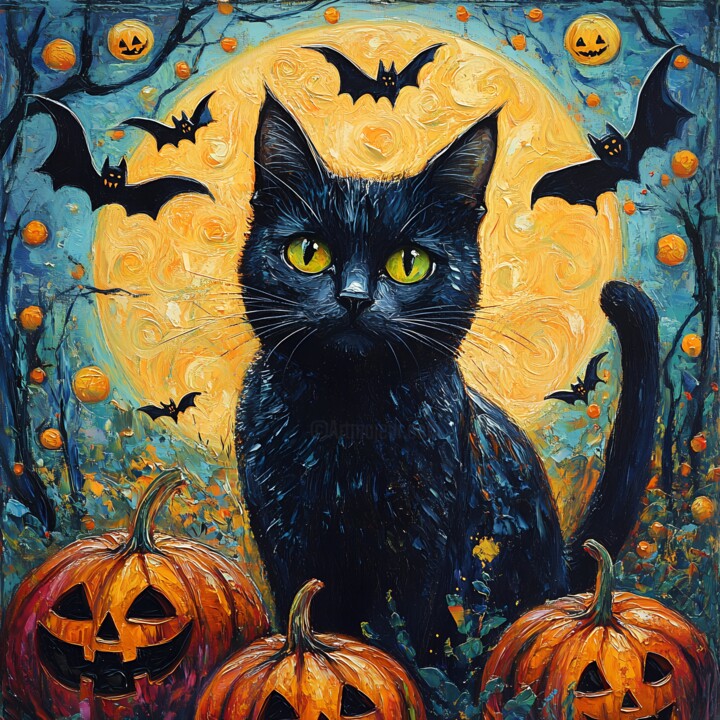 Halloween Black Cat Surrounded by Pumpkins and Bats 数字艺术
