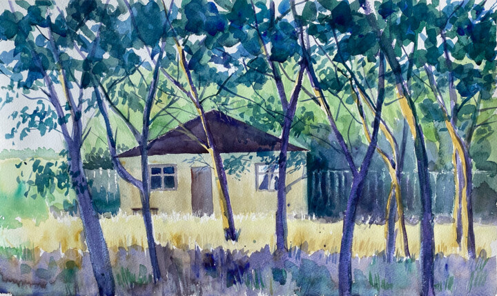 House in the Forest - Blue Trees and Contrasting Colors 绘画, 12.4x21 in