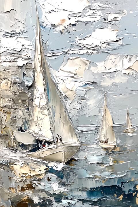 Textured Art with Figures Sailing on Open Water 121 绘画