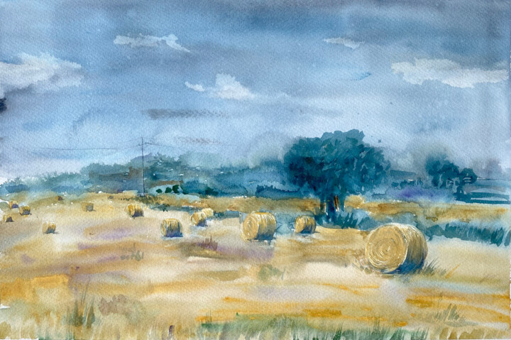 Storm calm in the field - landscape with bales of hay 绘画, 14.1x21.2 in