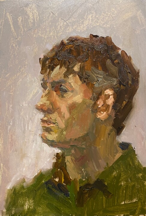 Oil Portrait Painting of Young Man in Green Shirt 绘画, 11.8x7.9 in