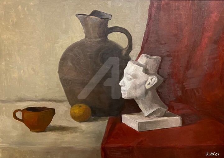 Nefertiti, red, amphora, sculpture, mandarin,still life 绘画, 19.7x27.6 in