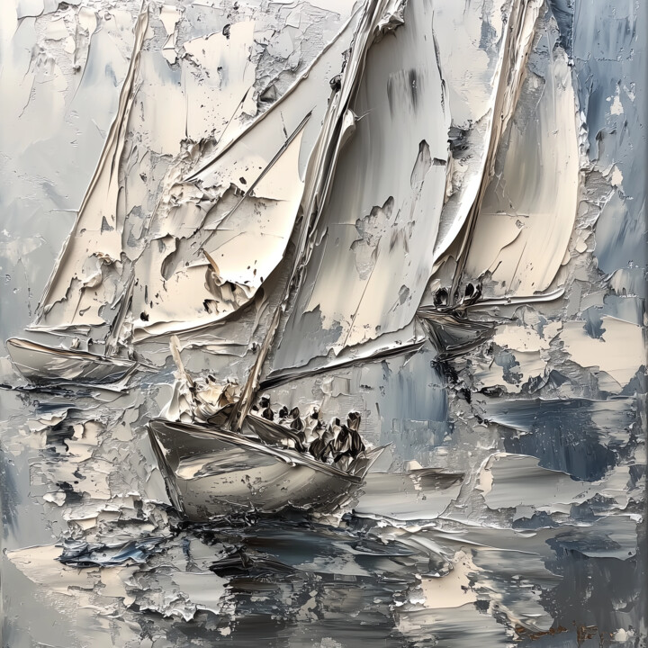 Textured Art with Figures Sailing on Open Water 123 绘画
