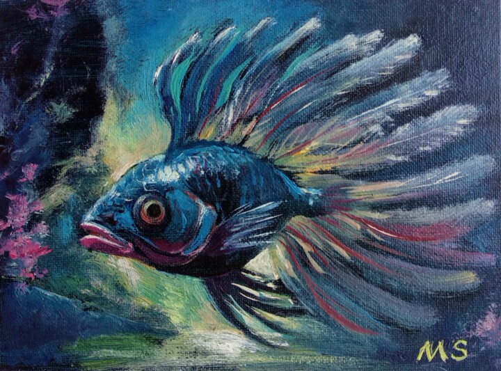 Fich "Feathered carp" 绘画, 5.9x7.9 in