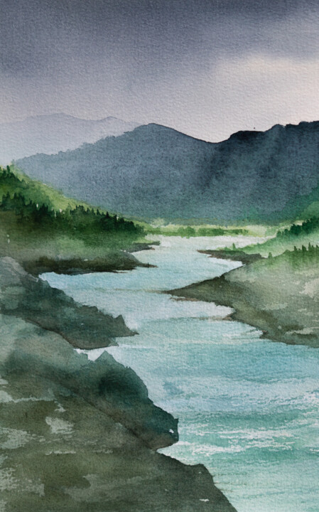 Painting titled "Altai mountains" by Alena Root, Original Artwork, Watercolor