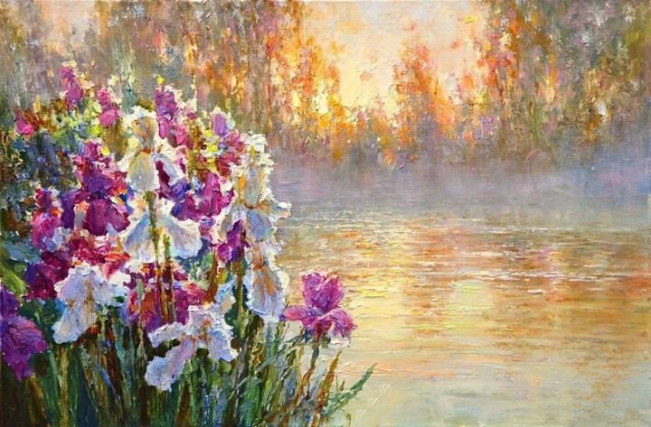 Painting titled "White irises." by Lara Vald, Original Artwork, Oil Mounted on Wood Stretcher frame