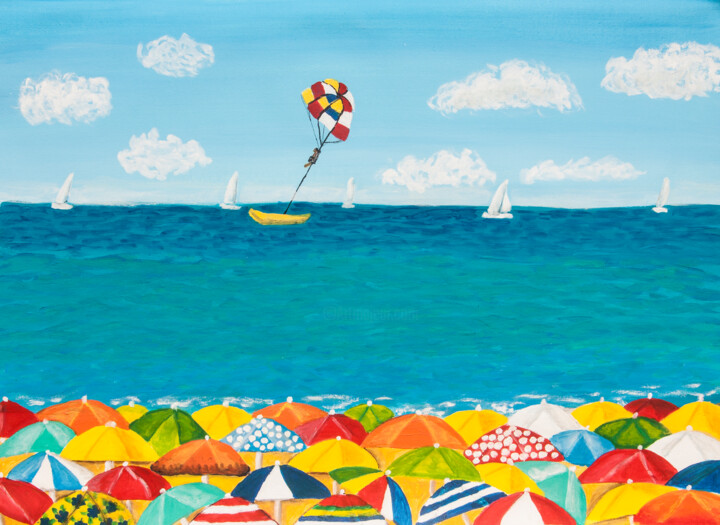 Colourful beach umbrellas 2 Painting, 19.7x26.8 in