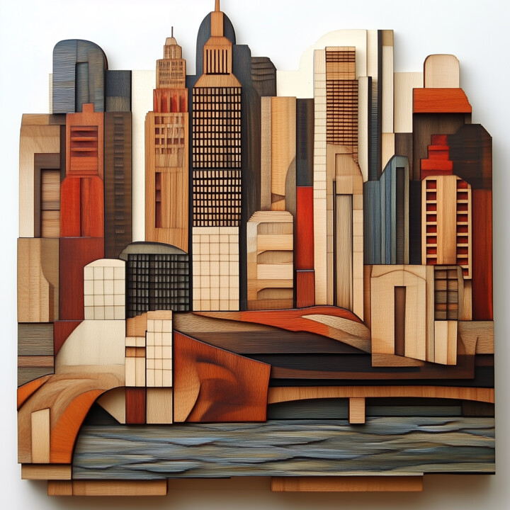 A Geometric Skyline with River and Bridge Arte digitale