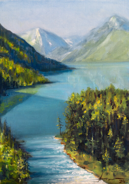 Painting titled "Lake Kucherla" by Alena Root, Original Artwork, Oil Mounted on Cardboard