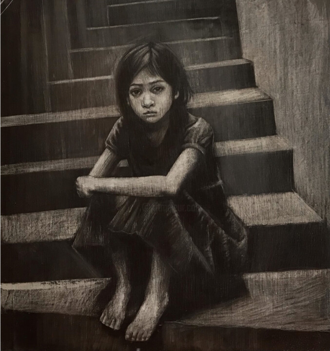 坐在楼梯上的小姑娘 绘画, 19.7x19.7 in
