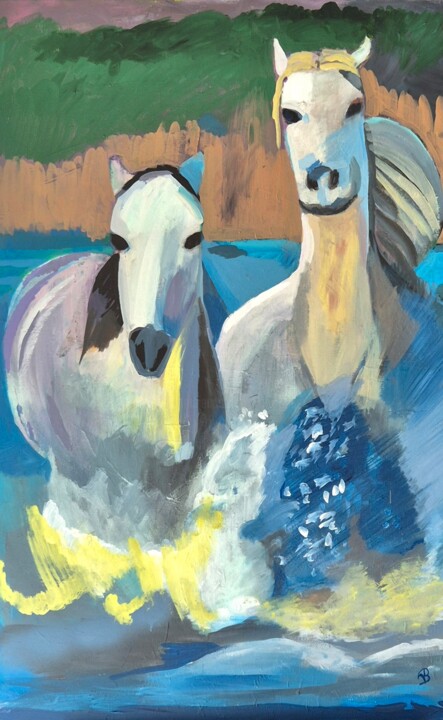 Peinture intitulée "Chevaux blancs" par Valérie Blum (Valery), Œuvre d'art originale, Acrylique Monté sur Châssis en bois