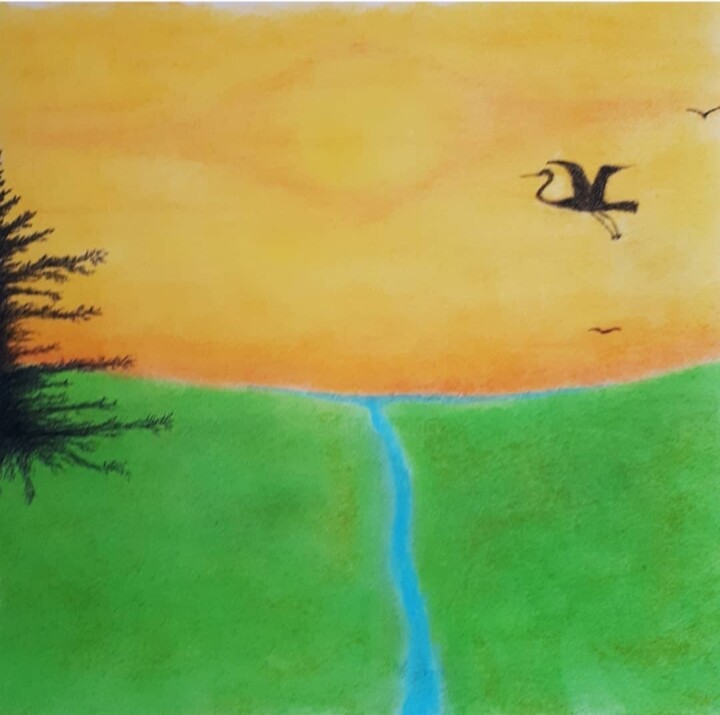 Grue dans le couchant. 绘画, 15x9.5 in