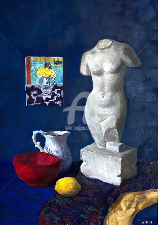 "Venus", blue background, yellow lemon, red bowl, fabric, dr 绘画, 27.6x19.7 in