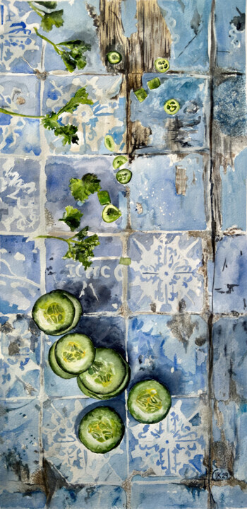 Portuguese Harvest on Azulejo Time – Cucumbers and Chili 绘画, 19.7x9.5 in