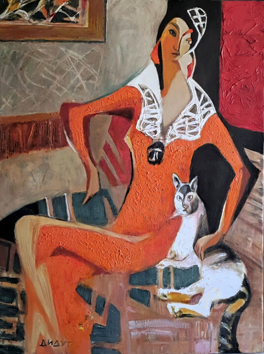 With a cat Schilderij, 35,4x23,6 in