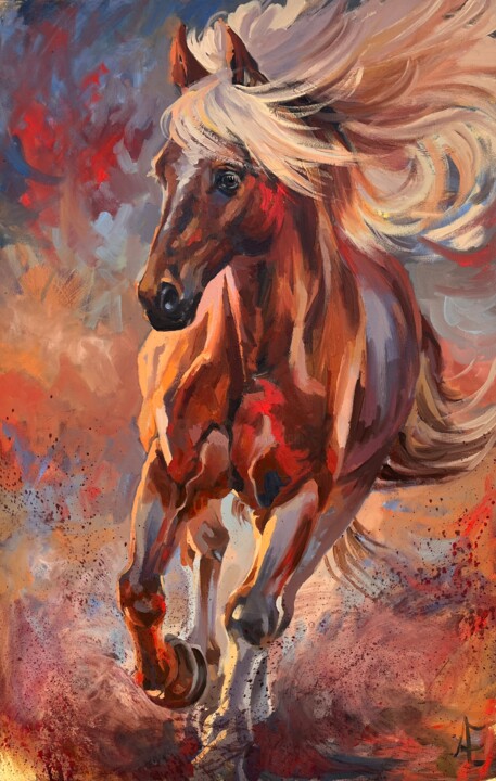 Cheval en mouvement. Peinture à l’huile 绘画, 23.6x36.2 in