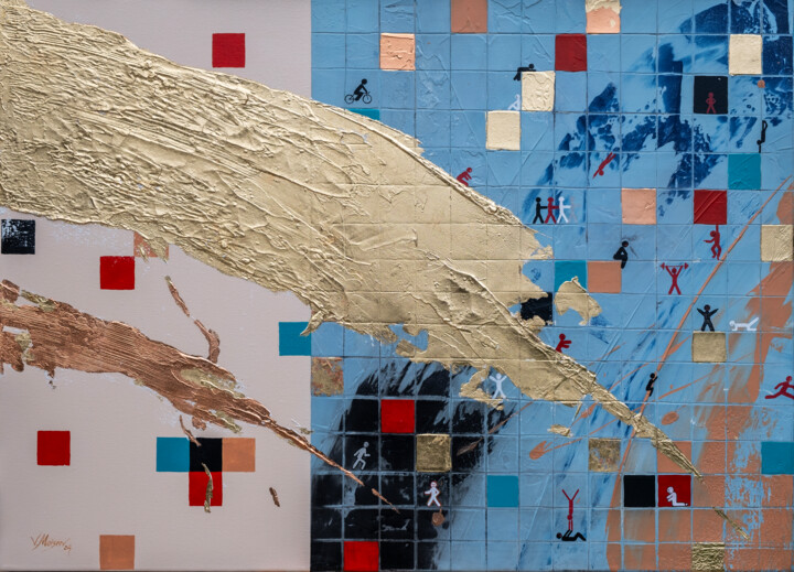 Painting titled ""Golden Getaway" Ab…" by Vitaly Moiseev, Original Artwork, Acrylic Mounted on Wood Stretcher frame