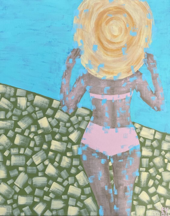 A women in a hat on the beach Pittura, 19,7x15,8 in