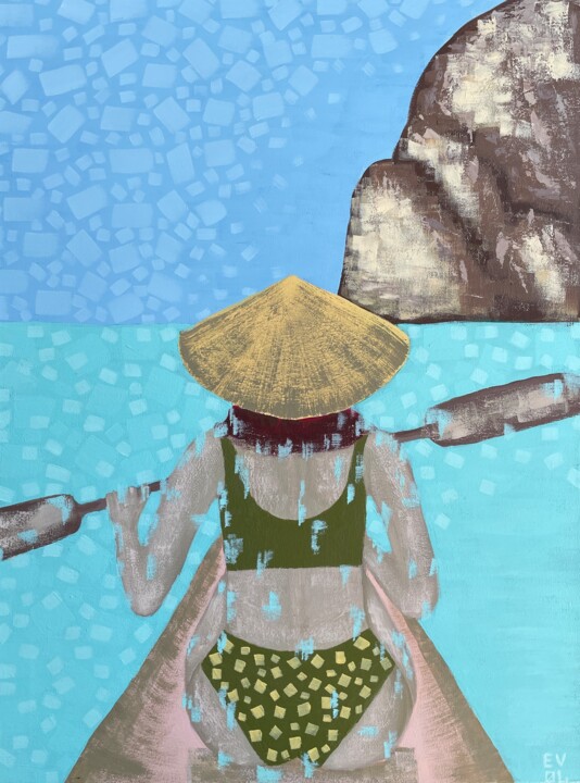 Thailand, woman in boat Painting, 25.6x17.7 in