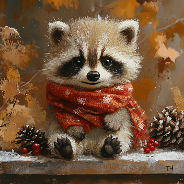 Raccoon Plush in Red Scarf - Oil Painting and Mixed Media Pittura, 7,9x7,9 in