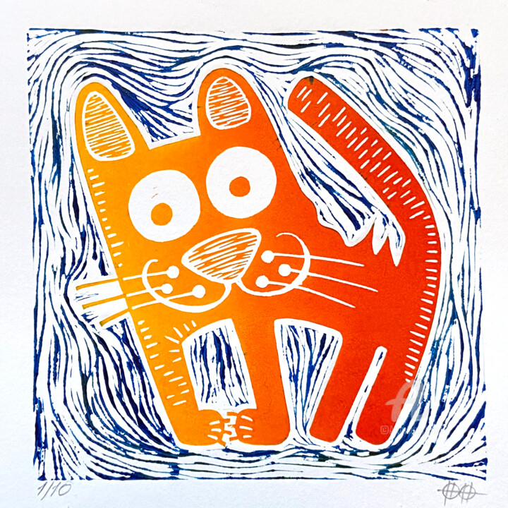 LinoCat #16 color 印花与版画, 7.9x7.9 in