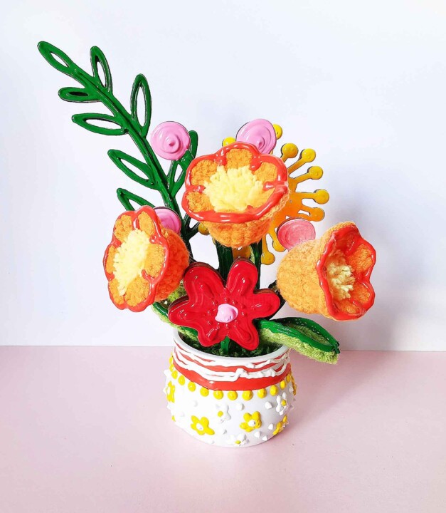 Vivid knitted crochet orange, yellow, red flowers 雕塑, 6.3x4.7 in