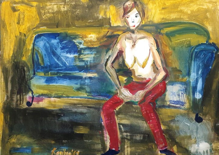 Женщина сидит на софе в пижаме 绘画, 19.7x27.6 in