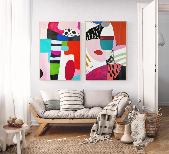 Playful Abstract Diptych 绘画, 39.4x27.6 in