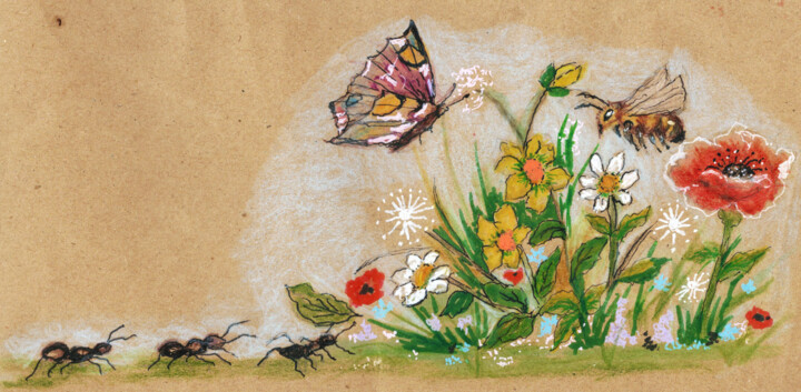 A borboleta, a abelha e as formigas Painting, 9.5x13.4 in