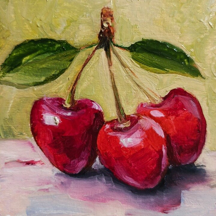 Painting Red Cherry. Framed painting. Ripe cherry. 绘画, 3.9x3.9 in