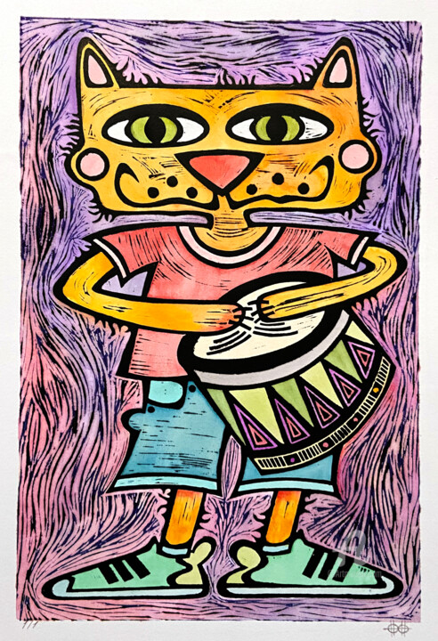 Сat with drum, color #1 印花与版画, 15x11 in