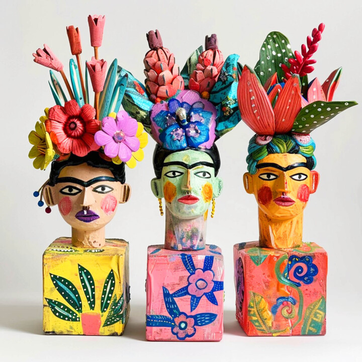 Mexican women - original colorful set of sculptures for home 雕塑, 11.8x11.8 in