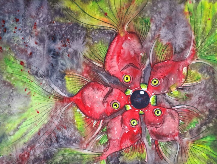 round dance of red fish 绘画, 17.3x23.6 in