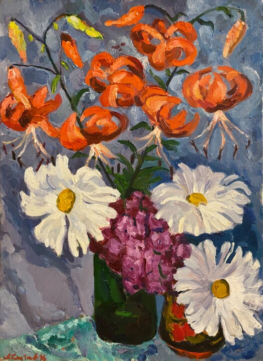 Peinture intitulée "Lilium et marguerit…" par Kotchetkov André Né En 1939, Œuvre d'art originale, Huile Monté sur Châssis en…